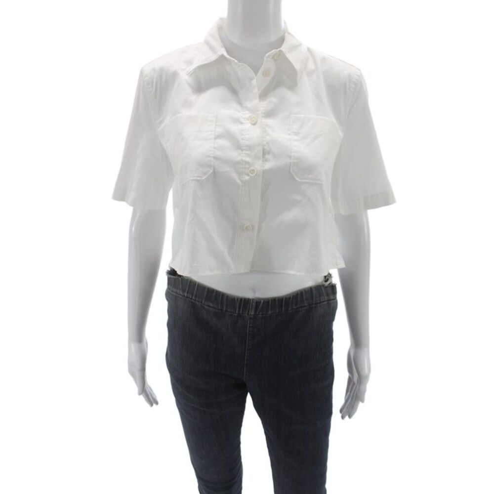 Zara Womens Cropped Button Up Cotton Collared Short Sleeve White Top Size M